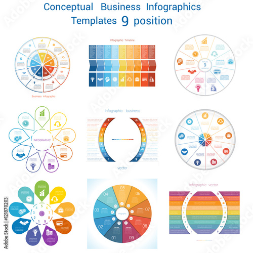 Set Infographics conceptual cyclic processes nine positions