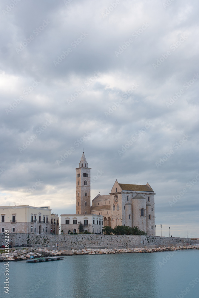 Trani romanesque cathedral reflecting in Mediterranean Sea cloudy sky