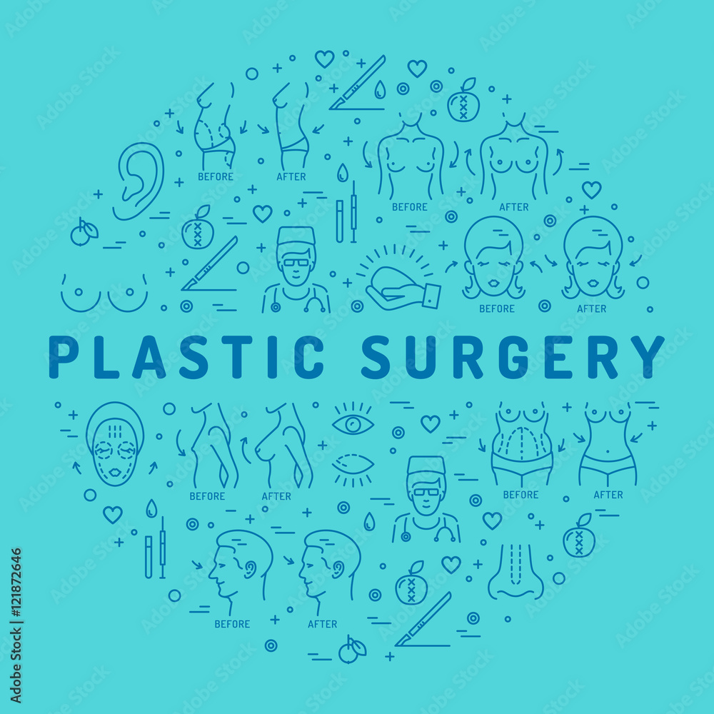 Flat infographics Plastic Surgery, Beauty and Health, Turquoise background with place for text. Medical linear icons: breast augmentation, liposuction, face and body cosmetology. Vector illustration