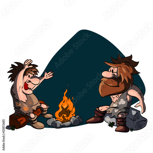 Cartoon illustration of two cavemen talking around the camp fire.