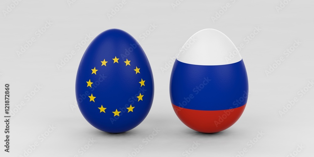 EU and Russia flags on eggs. 3d illustration EU and Russia flags on eggs. 3d illustration