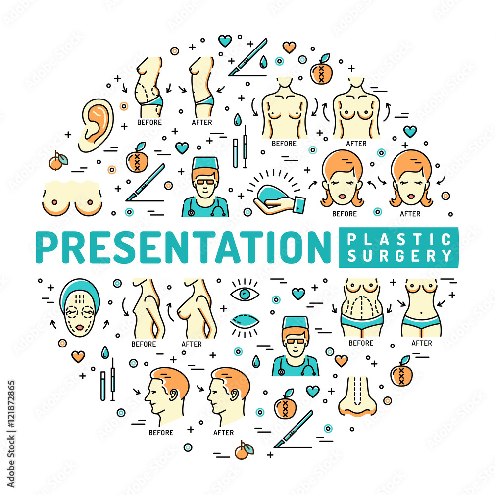 Obraz premium Template medical infographic, Presentation Plastic Surgery. Medical linear icons: breast augmentation, liposuction, face and body cosmetology. Vector flat illustration