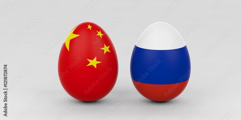 Fototapeta premium China and Russia flags on eggs. 3d illustration