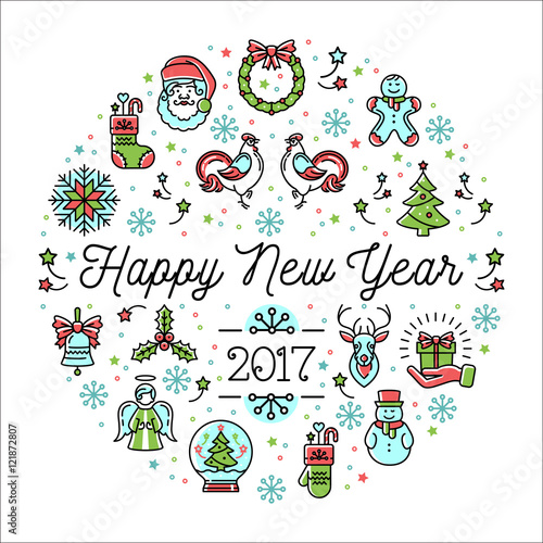 Happy New Year 2017 design template linear icons  Vector trend circle composition. Elegant minimal design  thin line art style. Vector Minimalistic Holiday greeting card  flyer  banner