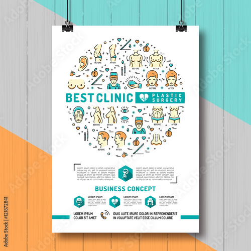Poster Plastic Surgery. Medical linear icons: breast augmentation, liposuction, face and body cosmetology. Colorful thin line symbols of Medicine and Health, Vector illustration