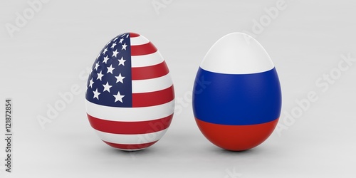 USA and Russia flags on eggs. 3d illustration