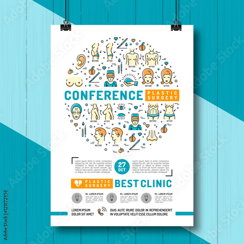 Medical poster of the conference and exhibition of Plastic Surgery. Medical linear icons: breast augmentation, liposuction, face and body cosmetology. Vector concept Health and Beauty
