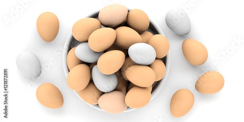 Eggs in a bowl on white background. 3d illustration
