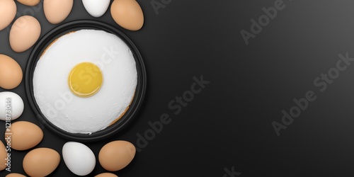 Fried egg among eggs on black background. 3d illustration