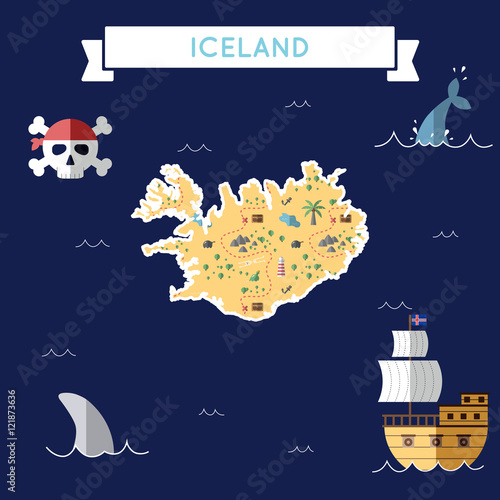 Flat treasure map of Iceland. Colorful cartoon with icons of ship, jolly roger, treasure chest and banner ribbon. Flat design vector illustration.