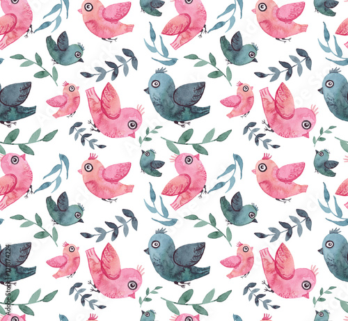 Seamless Texture With Watercolor Little Blue and Pink Birds And Leaves © Nebula Cordata