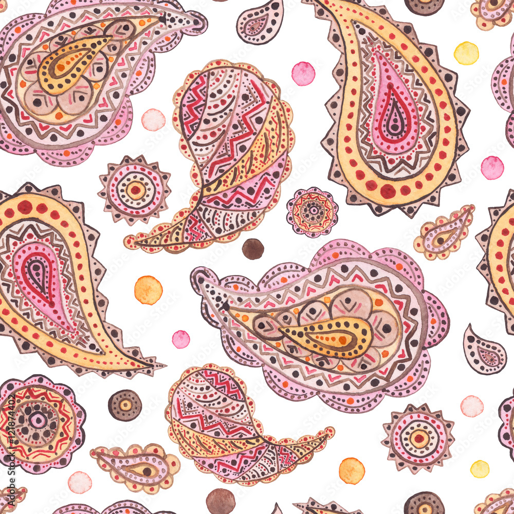 Naklejka premium Seamless Pattern With Watercolor Pink Paisley, Mandala And Colorful Dots