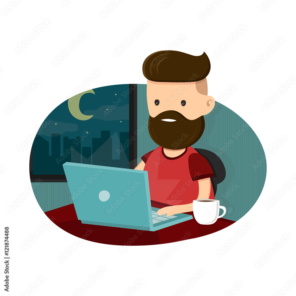 Young men hipster character sitting at a laptop and working overtime late night. Freelance work. Flat vector illustration. Isolated on white background Young men hipster character sitting at a laptop and working overtime late night. Freelance work. Flat vector illustration. Isolated on white background