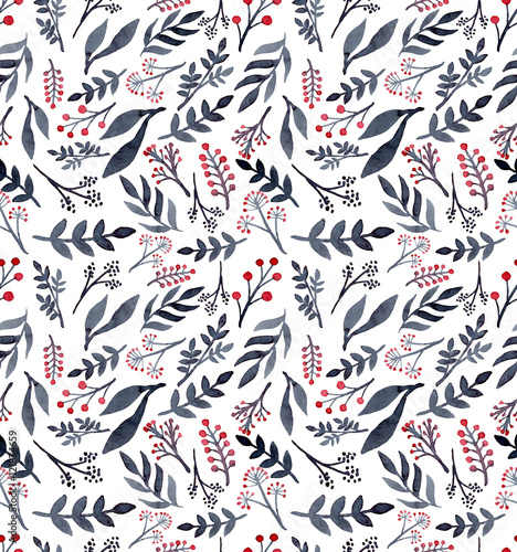 Seamless Pattern With Watercolor Red Berries And Black Leaves