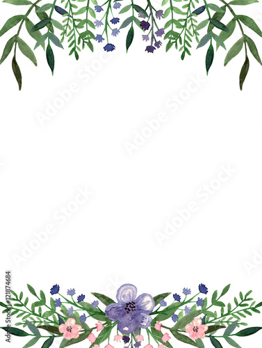 Wallpaper Mural Card with Watercolor Violet and Little Pink Flowers and Deep Green Leaves Torontodigital.ca