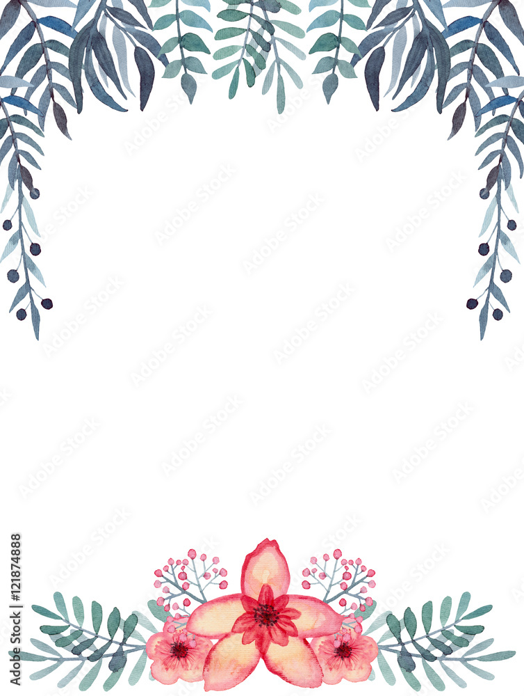 Frame With Watercolor Berries, Bright Tropical Flowers, Green and Blue Leaves