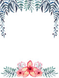 Frame With Watercolor Berries, Bright Tropical Flowers, Green and Blue Leaves