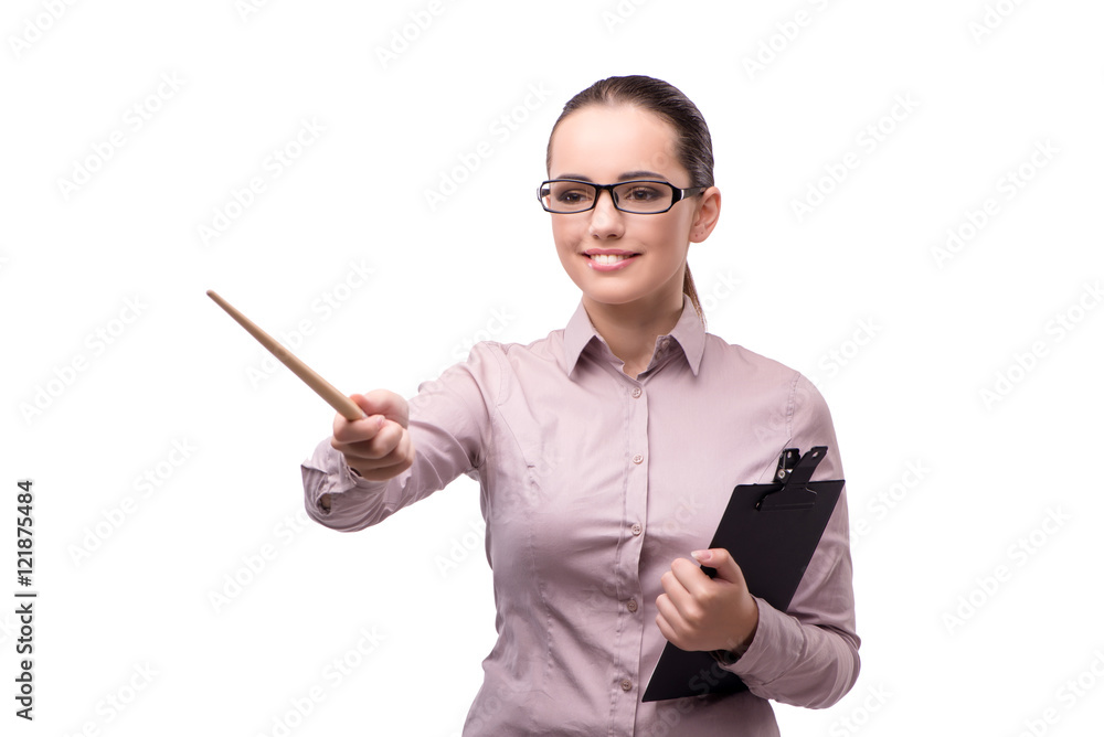 Businesswoman pressing virtual button isolated on white Businesswoman pressing virtual button isolated on white