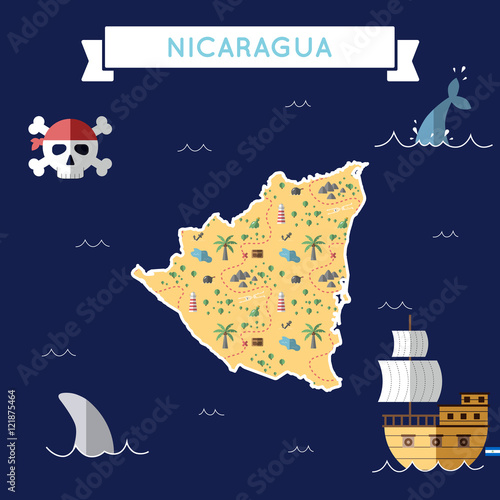Flat treasure map of Nicaragua. Colorful cartoon with icons of ship, jolly roger, treasure chest and banner ribbon. Flat design vector illustration.