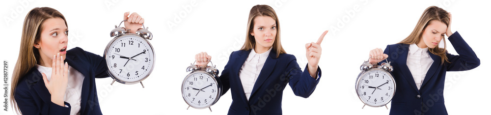 Businesswoman with clock isolated on white