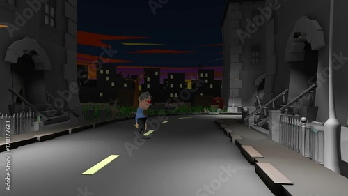 A drunk man staggers home in the early hours through a run down neighbourhood. He stops to urinate and vomit then staggers on his way. A funny 3D animated Cartoon.