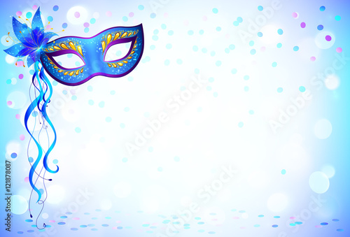 Blue carnival mask and confetti vector light background