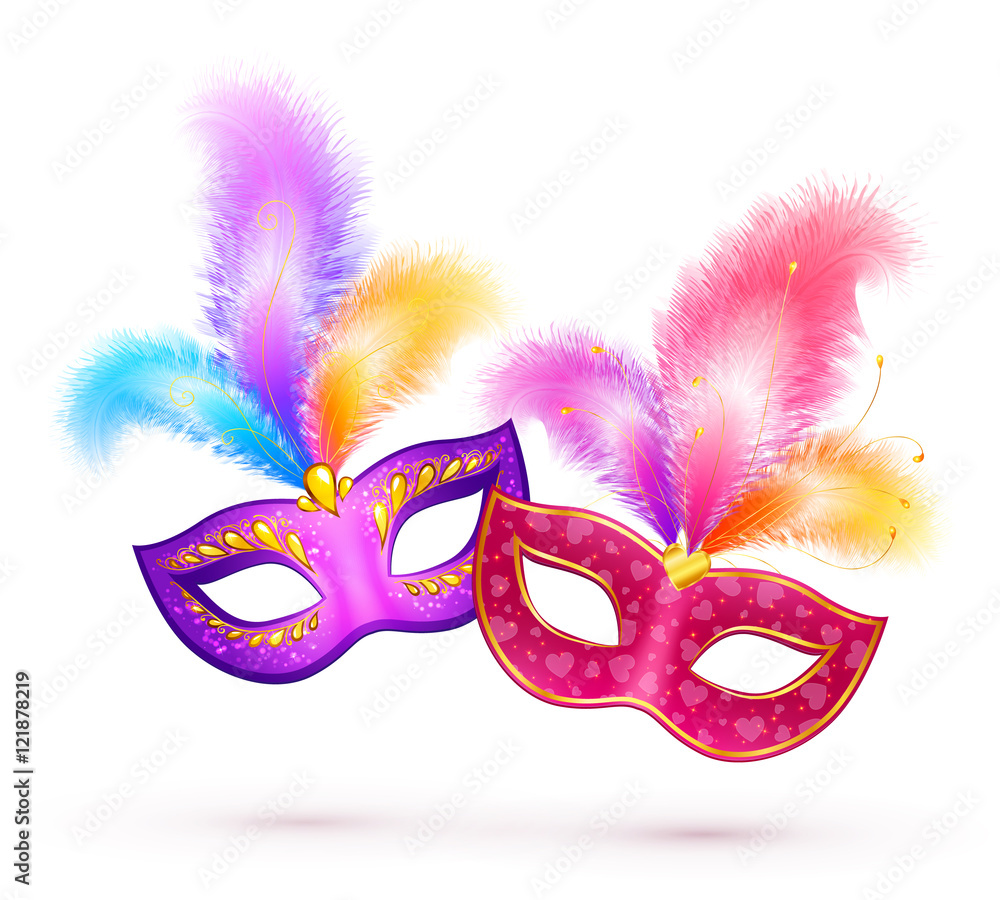 Pair of vector bright carnival masks with colorful feathers