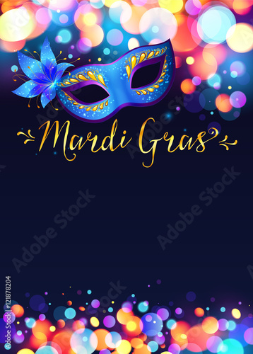 Bright vector Mardi Gras poster template with bokeh effect lights and blue carnival mask