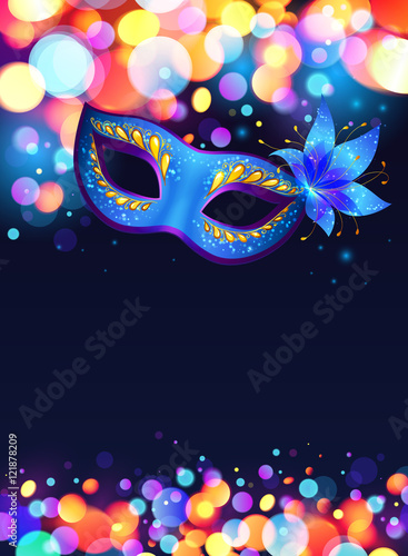 Blue carnival mask vector poster background with bokeh lights