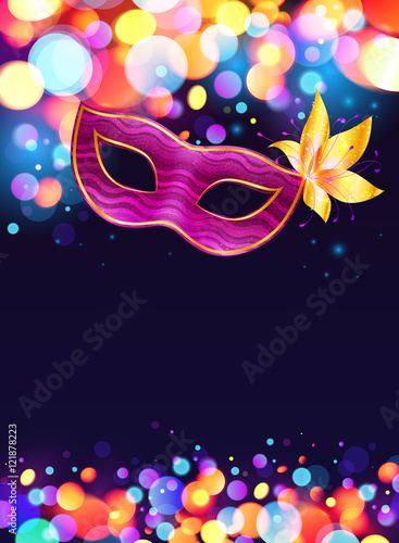 Pink carnival mask and bokeh lights dark blue vector poster background