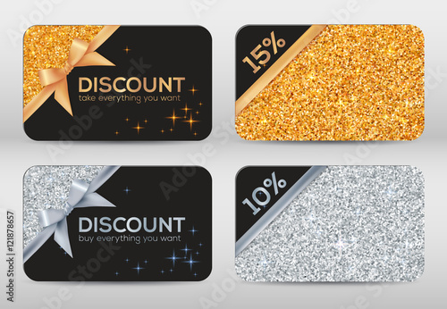 Set of golden and silver glitter black vector discount cards templates