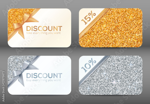 Set of golden and silver glitter white vector discount cards templates