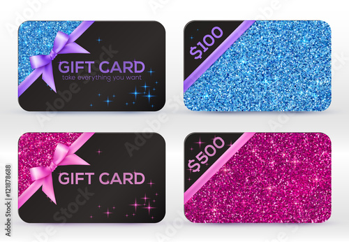 Set of blue and pink glitter vector black gift cards templates