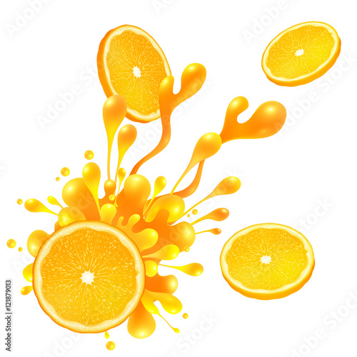 Orange slice with juice splash isolated on white background