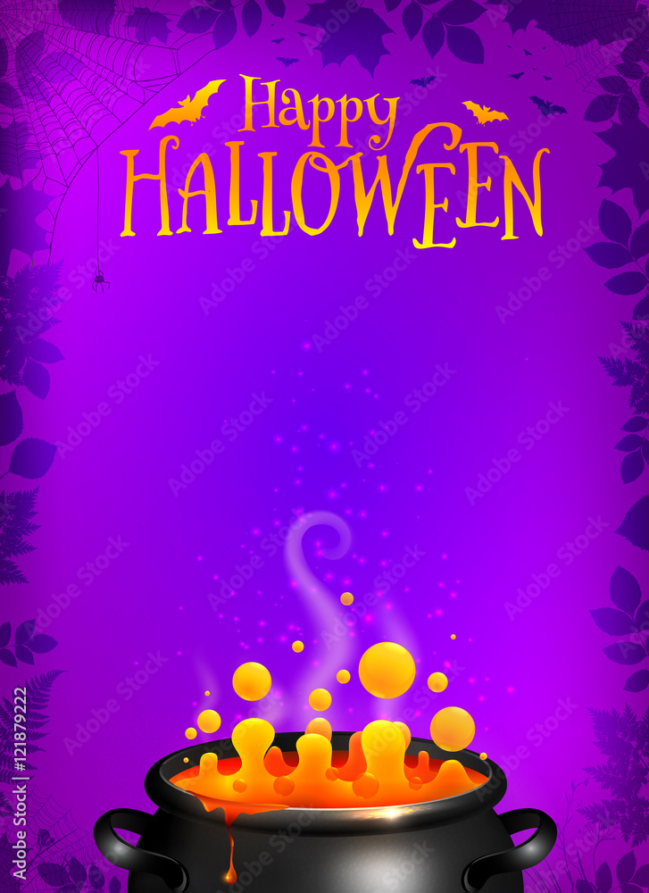 Purple vector Halloween poster template with orange potion in black ...