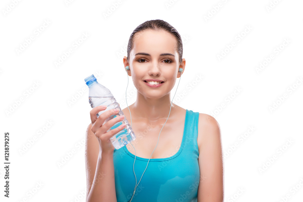 Woman doing sports with bottle of fresh water Woman doing sports with bottle of fresh water