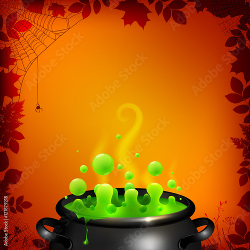 Green potion in black cauldron on orange background, Halloween vector card template