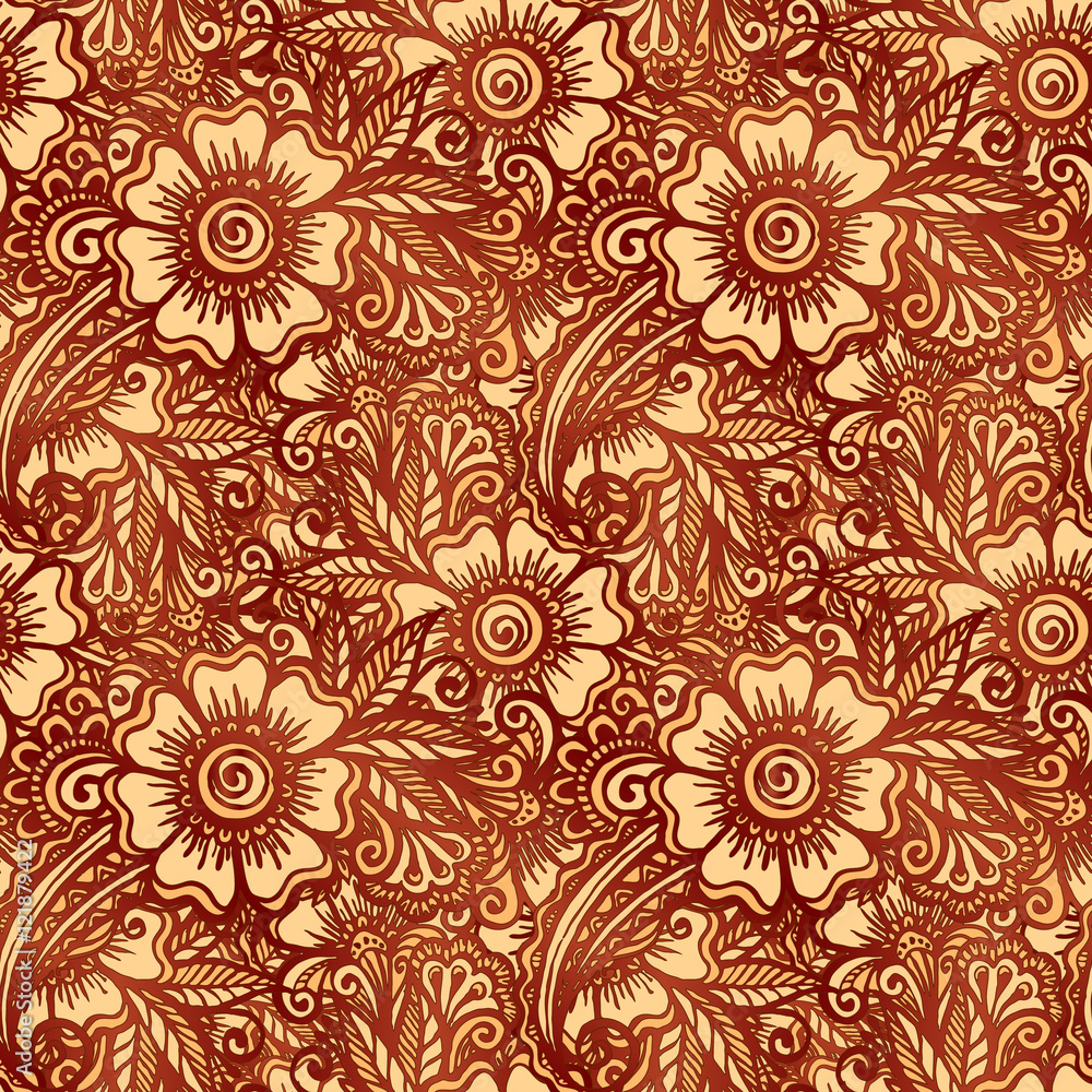 Hand-drawn vector floral seamless pattern in Indian mehndi style