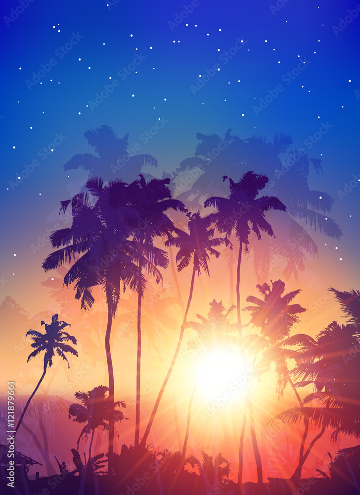Retro style sunset with palm silhouettes vector poster background