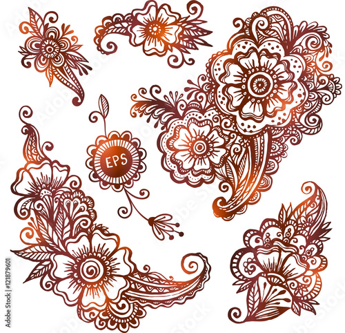 Hand-drawn vector ornaments set in Indian mehndi style