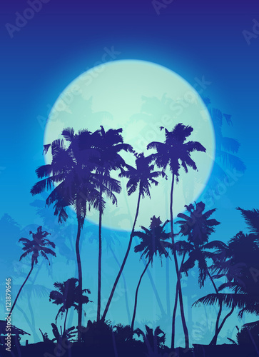 Blue moon with palm silhouettes vector poster background