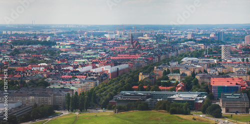 Bild auf Leinwand Beautiful super wide-angle panoramic aerial view of Stockholm, Sweden with harbo