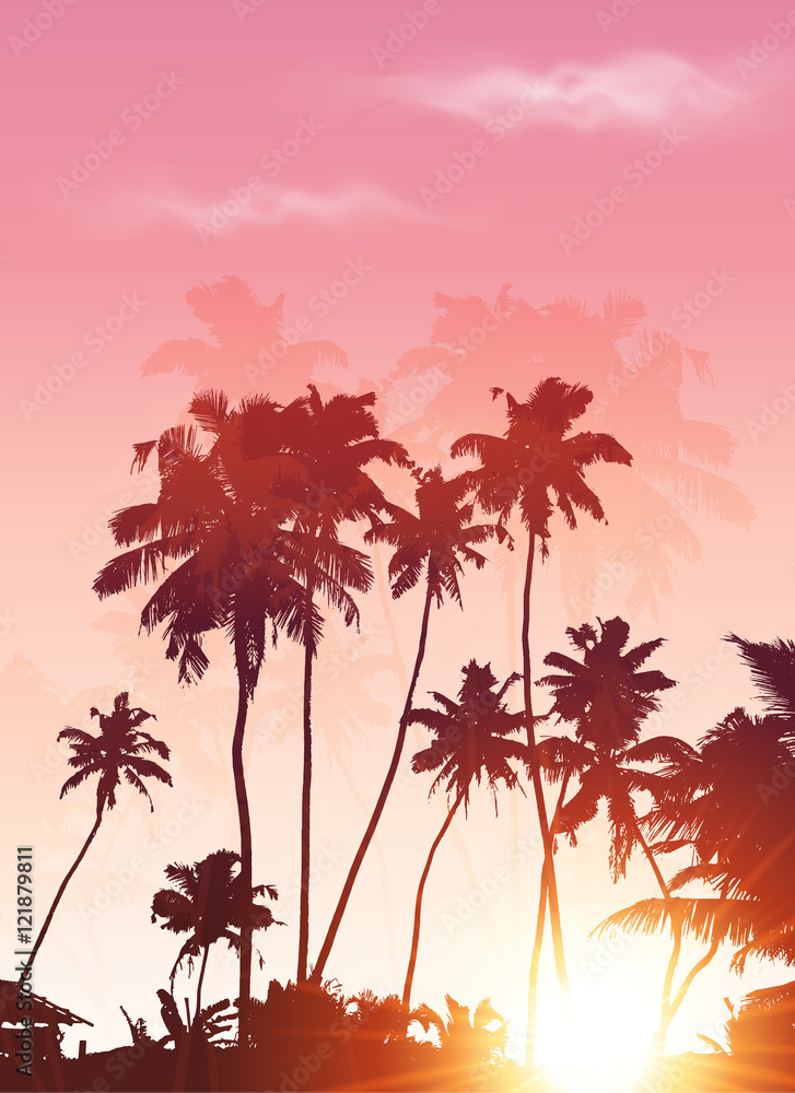 Pink sunset palms silhouettes vector poster background