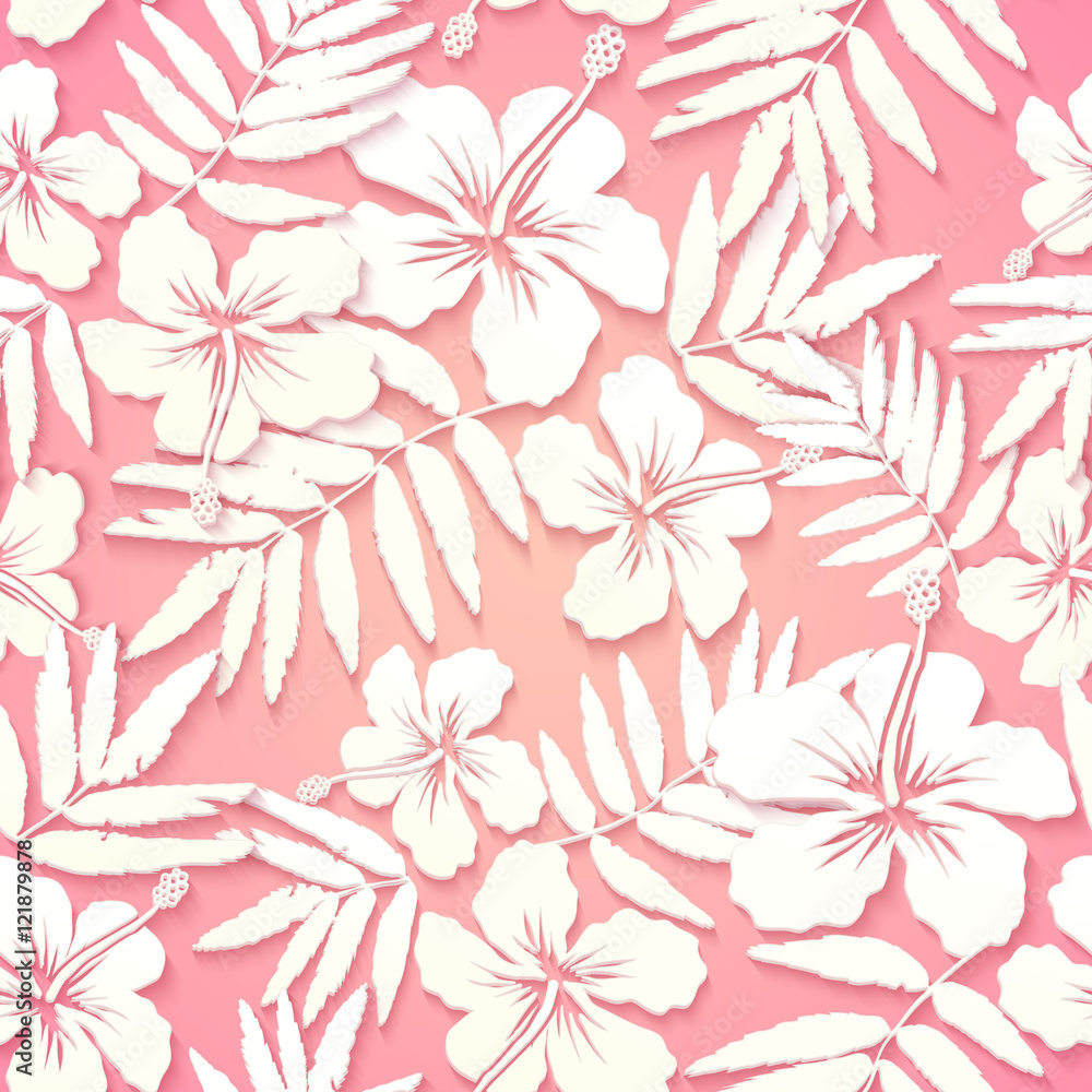 White paper tropical flowers on pink background, vector seamless pattern