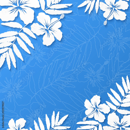 White paper tropical flowers on blue vector summer background
