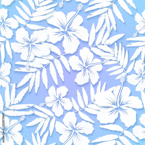 White cutout paper flowers on blue background vector seamless pattern