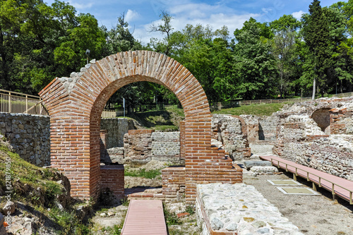 Ruins of entrance of roman bath in ancient Diocletianopolis, town of Hisarya, Plovdiv Region, Bulgaria