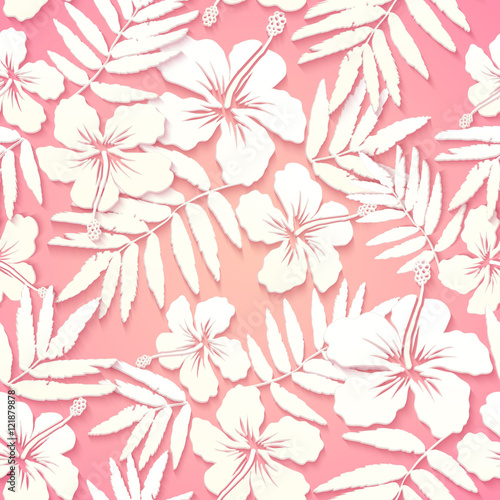 White paper tropical flowers on pink background  vector seamless pattern