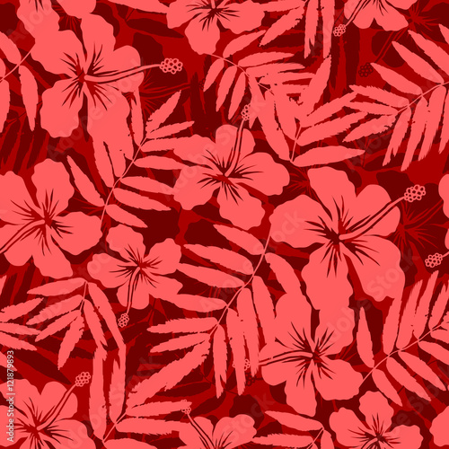 Red tropical flowers silhouettes vector seamless pattern