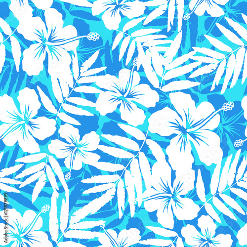 Fototapeta Naklejka Na Ścianę i Meble -  Blue and white tropical flowers silhouettes vector seamless pattern